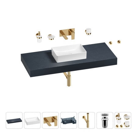 Раковина 42 см со столешницей 120 см Wellsee Pure BY Wellsee 201010913 в наборе 9 в 1: столешница, раковина, встраиваемый смеситель, сифон, выпуск, аксессуары (цвет набора золото)