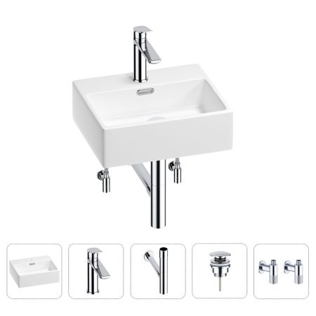 Раковина для ванной Wellsee Graceful Pro 201004546 в наборе 5 в 1: раковина белого глянцевого цвета, смеситель, сифон, донный клапан, угловые вентили (цвет набора хром)