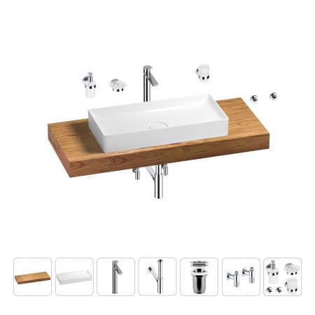 Раковина 75 см со столешницей 120 см Wellsee Pure BY Wellsee 201011711 в наборе 10 в 1: столешница, раковина, высокий смеситель, сифон, выпуск, кран-вентили, аксессуары (цвет хром)