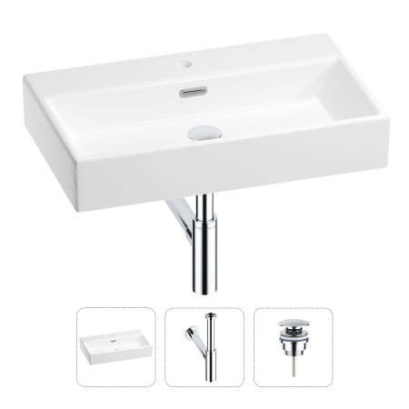 Раковина для ванной Wellsee Graceful Pro 201001366 в наборе 3 в 1: прямоугольная раковина белого глянцевого цвета, сифон, донный клапан в цвете хром