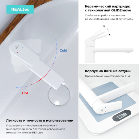 Раковина 60 см со столешницей 140 см Wellsee Halcyon 201012095 в наборе 10 в 1: столешница, раковина, смеситель, сифон, донный клапан, угловые вентили, аксессуары (цвет матовый белый)