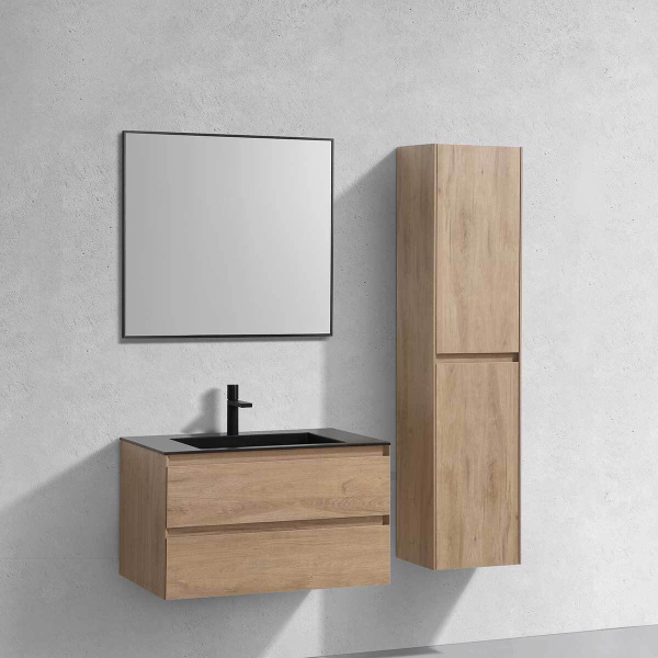 Тумба Vincea Luka 800 подвесная, 2 выкатных ящика soft-close, N.Oak с умывальником VCB-13800B из кварца, цвет черный