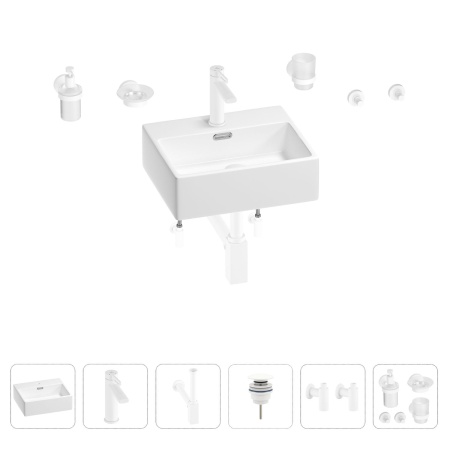 Раковина для ванной Wellsee Graceful Pro 201006620 в наборе 9 в 1: раковина белого глянцевого цвета, смеситель, сифон, донный клапан, угловые вентили, аксессуары (цвет набора матовый белый)