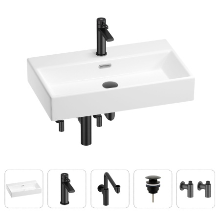 Раковина для ванной Wellsee Graceful Pro 201004672 в наборе 5 в 1: раковина белого глянцевого цвета, смеситель, сифон, донный клапан, угловые вентили (цвет набора матовый черный)