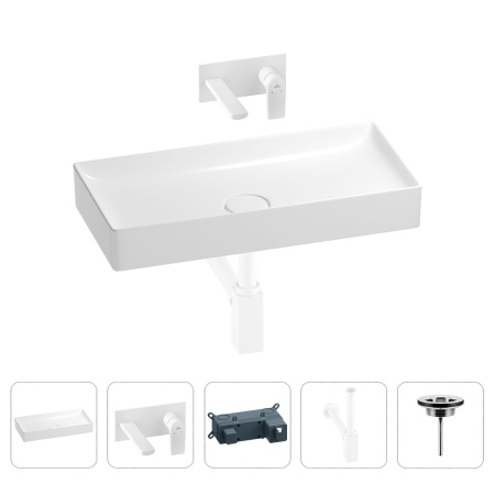 Раковина для ванной Wellsee Pure BY Wellsee 201002735 в наборе 4 в 1: раковина белого глянцевого цвета, встраиваемый смеситель, сифон, выпуск (цвет набора матовый белый)