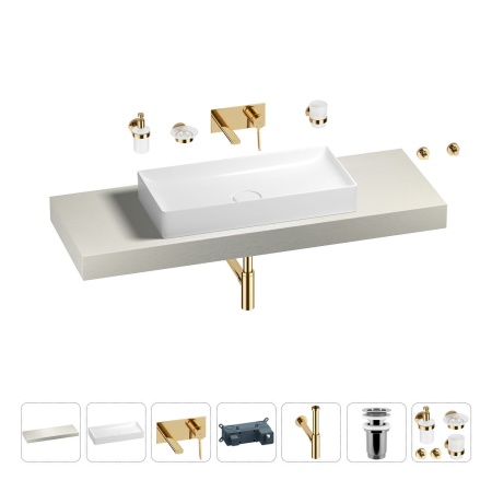 Раковина 75 см со столешницей 140 см Wellsee Pure BY Wellsee 201011808 в наборе 9 в 1: столешница, раковина, встраиваемый смеситель, сифон, выпуск, аксессуары (цвет набора золото)