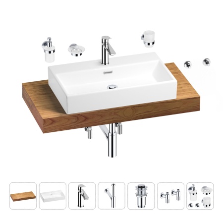 Раковина 70 см со столешницей 100 см Wellsee Graceful Pro 201012651 в наборе 10 в 1: столешница, раковина, смеситель, сифон, донный клапан, угловые вентили, аксессуары (цвет хром)