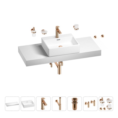 Раковина 50 см со столешницей 120 см Wellsee Graceful Pro 201012554 в наборе 10 в 1: столешница, раковина, смеситель, сифон, донный клапан, угловые вентили, аксессуары (цвет розовое золото)