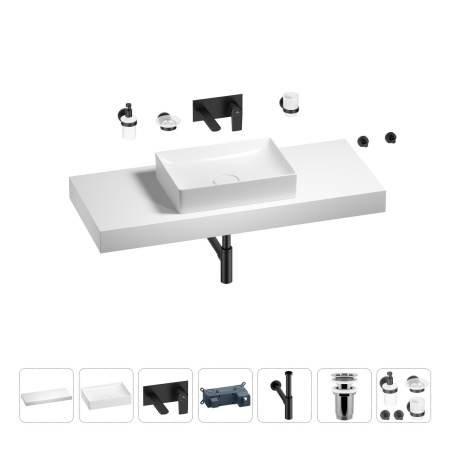 Раковина 50 см со столешницей 120 см Wellsee Pure BY Wellsee 201011402 в наборе 9 в 1: столешница, раковина, встраиваемый смеситель, сифон, выпуск, аксессуары (цвет набора матовый черный)