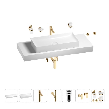 Раковина 75 см со столешницей 120 см Wellsee Pure BY Wellsee 201011758 в наборе 10 в 1: столешница, раковина, высокий смеситель, сифон, выпуск, кран-вентили, аксессуары (цвет золото)