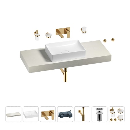 Раковина 50 см со столешницей 120 см Wellsee Pure BY Wellsee 201011323 в наборе 9 в 1: столешница, раковина, встраиваемый смеситель, сифон, выпуск, аксессуары (цвет набора золото)