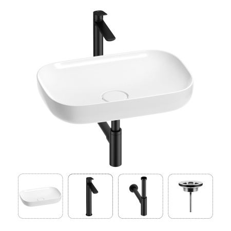 Раковина для ванной Wellsee Croquis 201001937 в наборе 4 в 1: раковина белого глянцевого цвета, высокий смеситель, сифон, выпуск (цвет набора матовый черный)