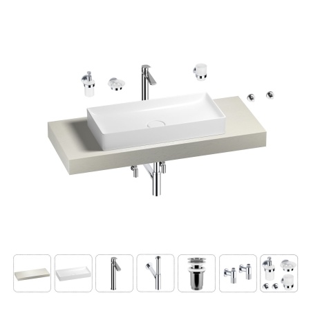 Раковина 75 см со столешницей 120 см Wellsee Pure BY Wellsee 201011671 в наборе 10 в 1: столешница, раковина, высокий смеситель, сифон, выпуск, кран-вентили, аксессуары (цвет хром)