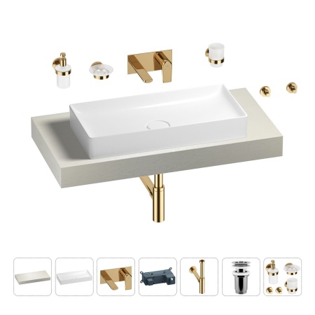 Раковина 75 см со столешницей 100 см Wellsee Pure BY Wellsee 201011563 в наборе 9 в 1: столешница, раковина, встраиваемый смеситель, сифон, выпуск, аксессуары (цвет набора золото)