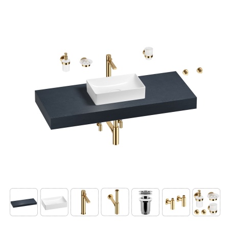 Раковина 42 см со столешницей 120 см Wellsee Pure BY Wellsee 201010908 в наборе 10 в 1: столешница, раковина, высокий смеситель, сифон, выпуск, кран-вентили, аксессуары (цвет золото)