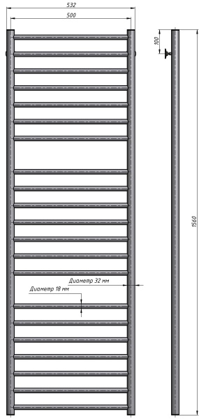 Полотенцесушитель водяной Stinox Toscana Luxe 500x1600, нижнее подключение, хром, 1" НР (наружная резьба), 21 перекладина