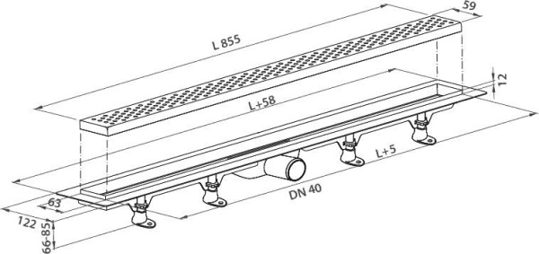 Пластиковый сливной канал PlastBrno Design 1 SZE1850 с сеткой из нержавеющей стали 1, L=855 мм, мокрый клапан
