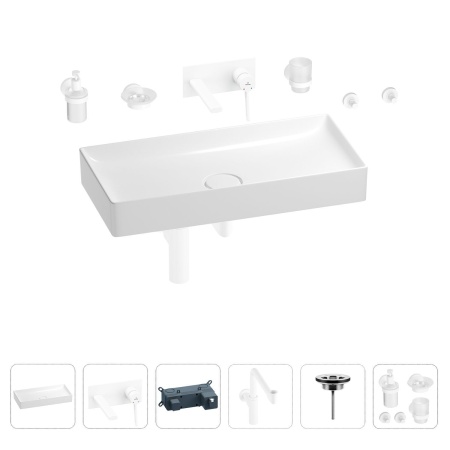 Раковина для ванной Wellsee Pure BY Wellsee 201006550 в наборе 8 в 1: раковина белого глянцевого цвета, встраиваемый смеситель, сифон, выпуск, аксессуары (цвет набора матовый белый)