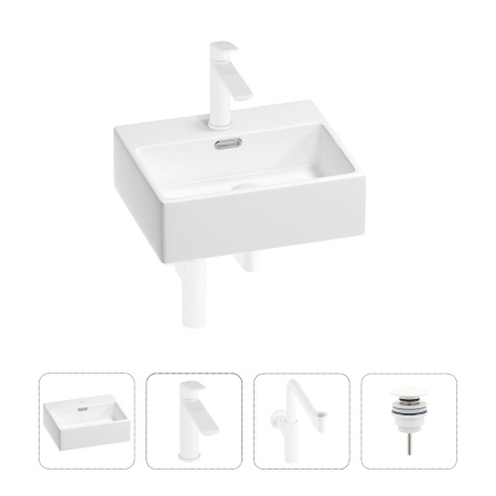 Раковина для ванной Wellsee Graceful Pro 201002895 в наборе 4 в 1: раковина белого глянцевого цвета, смеситель, сифон, донный клапан (цвет набора матовый белый)