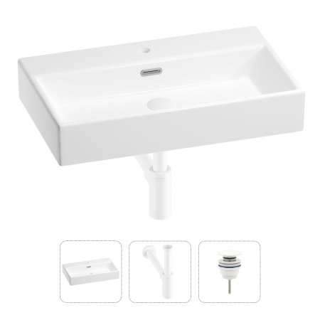 Раковина для ванной Wellsee Graceful Pro 201001355 в наборе 3 в 1: прямоугольная раковина белого глянцевого цвета, сифон, донный клапан в цвете матовый белый