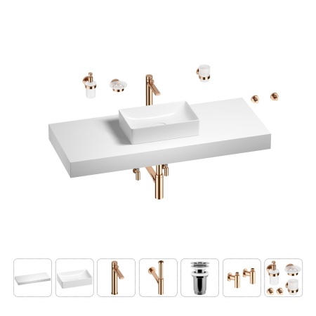 Раковина 42 см со столешницей 120 см Wellsee Pure BY Wellsee 201010954 в наборе 10 в 1: столешница, раковина, высокий смеситель, сифон, выпуск, кран-вентили, аксессуары (цвет розовое золото)