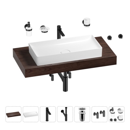 Раковина 75 см со столешницей 100 см Wellsee Pure BY Wellsee 201011617 в наборе 10 в 1: столешница, раковина, высокий смеситель, сифон, выпуск, кран-вентили, аксессуары (цвет матовый черный)