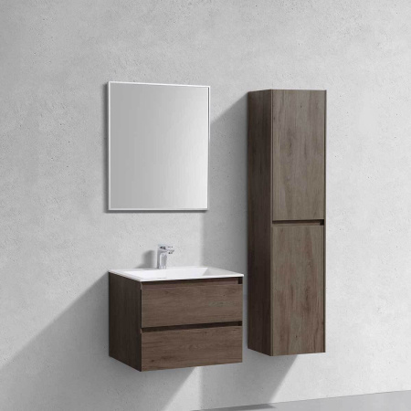Тумба Vincea Luka 600 подвесная, 2 выкатных ящика soft-close, R.Oak с умывальником VCB-13600W из искусственного камня, цвет белый