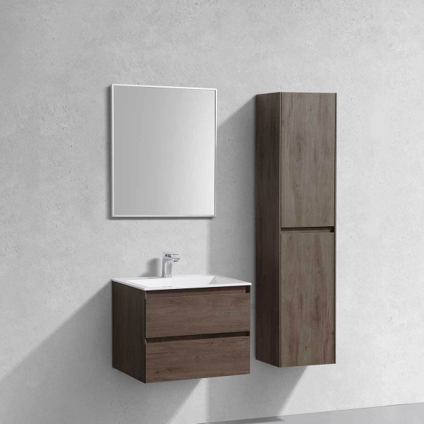 Тумба Vincea Luka 600 подвесная, 2 выкатных ящика soft-close, R.Oak с умывальником VCB-13600W из искусственного камня, цвет белый