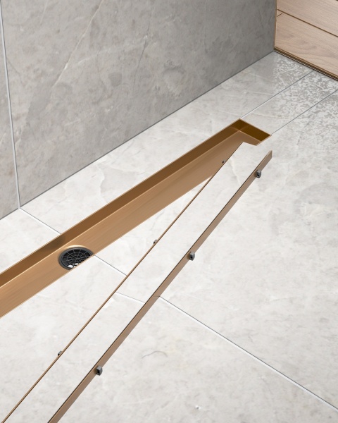 Душевой лоток TIMO Drain System 600 с двусторонней панелью "plate" под плитку, Розовое золото