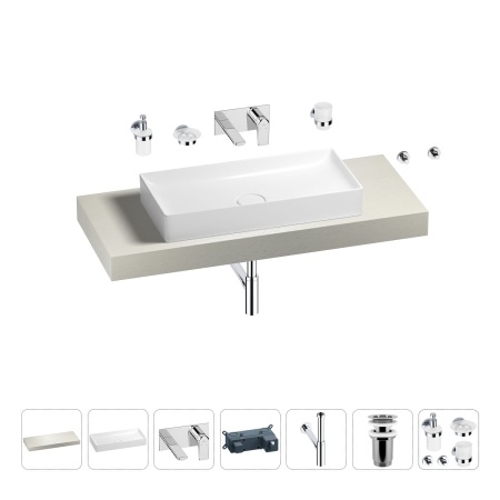 Раковина 75 см со столешницей 120 см Wellsee Pure BY Wellsee 201011681 в наборе 9 в 1: столешница, раковина, встраиваемый смеситель, сифон, выпуск, аксессуары (цвет набора хром)