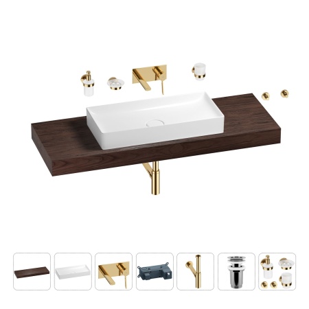 Раковина 75 см со столешницей 140 см Wellsee Pure BY Wellsee 201011868 в наборе 9 в 1: столешница, раковина, встраиваемый смеситель, сифон, выпуск, аксессуары (цвет набора золото)