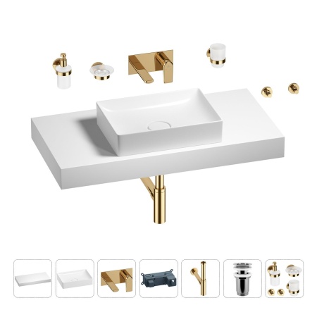 Раковина 50 см со столешницей 100 см Wellsee Pure BY Wellsee 201011283 в наборе 9 в 1: столешница, раковина, встраиваемый смеситель, сифон, выпуск, аксессуары (цвет набора золото)