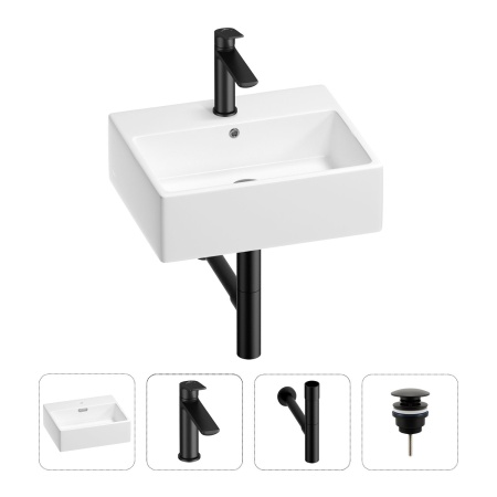 Раковина для ванной Wellsee Graceful Pro 201002922 в наборе 4 в 1: раковина белого глянцевого цвета, смеситель, сифон, донный клапан (цвет набора матовый черный)