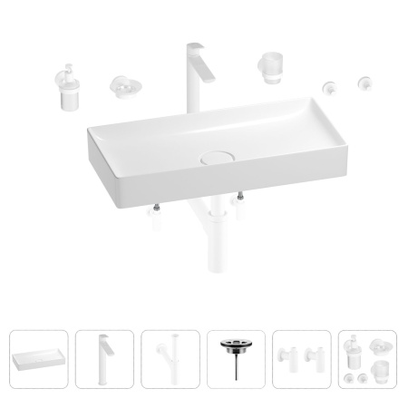 Раковина для ванной Wellsee Pure BY Wellsee 201006515 в наборе 9 в 1: раковина белого глянцевого цвета, высокий смеситель, сифон, выпуск, угловые вентили, аксессуары (цвет матовый белый)