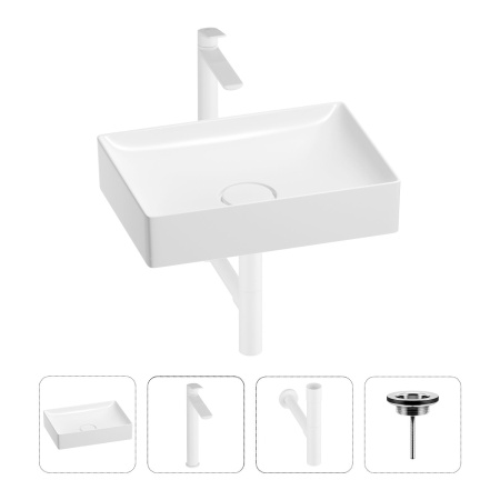 Раковина для ванной Wellsee Pure BY Wellsee 201002645 в наборе 4 в 1: раковина белого глянцевого цвета, высокий смеситель, сифон, выпуск (цвет набора матовый белый)