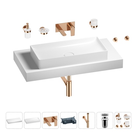 Раковина 75 см со столешницей 100 см Wellsee Pure BY Wellsee 201011644 в наборе 9 в 1: столешница, раковина, встраиваемый смеситель, сифон, выпуск, аксессуары (цвет набора розовое золото)