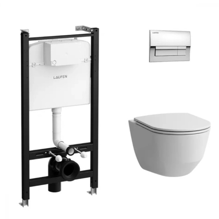Laufen Pro Комплект 4 в 1:Унитаз подвесной, безободковый, смыв Rimless, с инсталляционной системой, сиденье с микролифтом, тонкое, клавиша смыва хром Z.RU93.0.761.5
