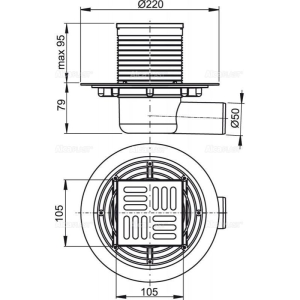Сливной трап Alcaplast 105х105/50 подводка боковая решетка нержавеющая сталь гидрозатвор комбиниров