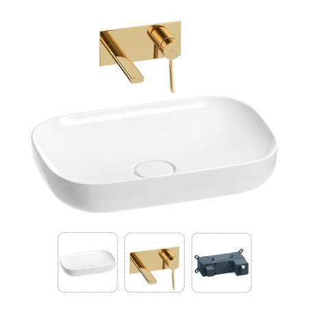 Раковина для ванной Wellsee Croquis 201000588 в наборе 2 в 1: овальная раковина белого глянцевого цвета, встраиваемый смеситель в цвете золото