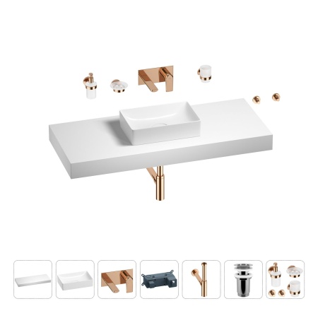 Раковина 42 см со столешницей 120 см Wellsee Pure BY Wellsee 201010959 в наборе 9 в 1: столешница, раковина, встраиваемый смеситель, сифон, выпуск, аксессуары (цвет набора розовое золото)