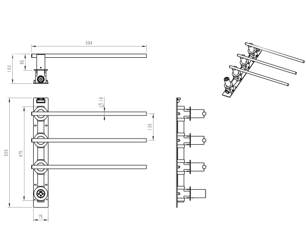 Полотенцесушитель электрический встраиваемый WONZON & WOGHAND, Темный графит (WW-A363-GM)