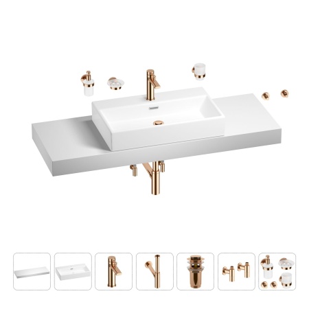 Раковина 70 см со столешницей 140 см Wellsee Graceful Pro 201012799 в наборе 10 в 1: столешница, раковина, смеситель, сифон, донный клапан, угловые вентили, аксессуары (цвет розовое золото)