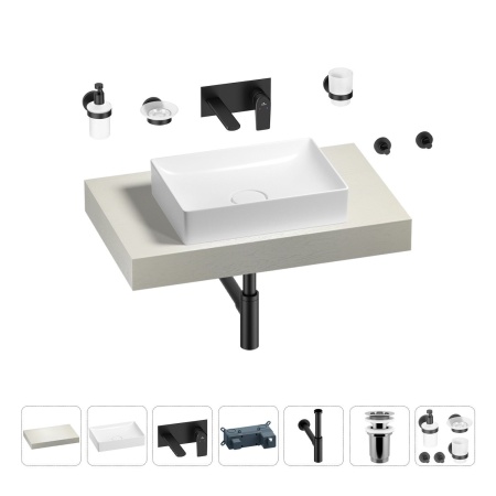 Раковина 50 см со столешницей 80 см Wellsee Pure BY Wellsee 201011082 в наборе 9 в 1: столешница, раковина, встраиваемый смеситель, сифон, выпуск, аксессуары (цвет набора матовый черный)