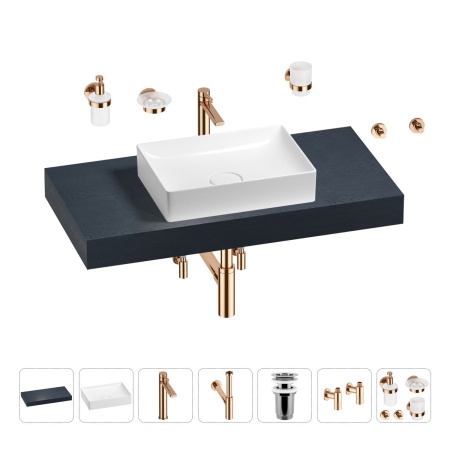 Раковина 50 см со столешницей 100 см Wellsee Pure BY Wellsee 201011219 в наборе 10 в 1: столешница, раковина, высокий смеситель, сифон, выпуск, кран-вентили, аксессуары (цвет розовое золото)
