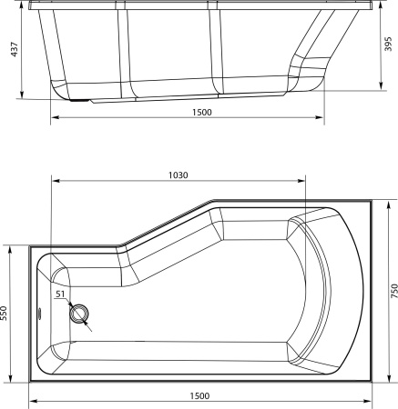 Акриловая ванна STWORKI Кронборг L 150x75 см, левая, пристенная, белая, шестиугольная, на ножках
