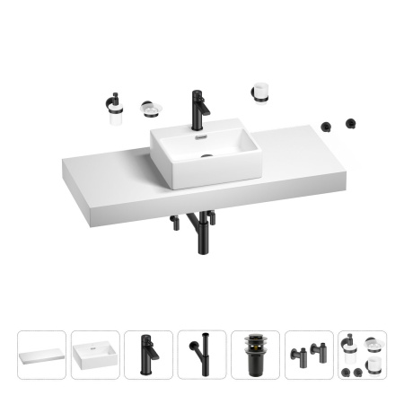 Раковина 43 см со столешницей 120 см Wellsee Graceful Pro 201012317 в наборе 10 в 1: столешница, раковина, смеситель, сифон, донный клапан, угловые вентили, аксессуары (цвет матовый черный)