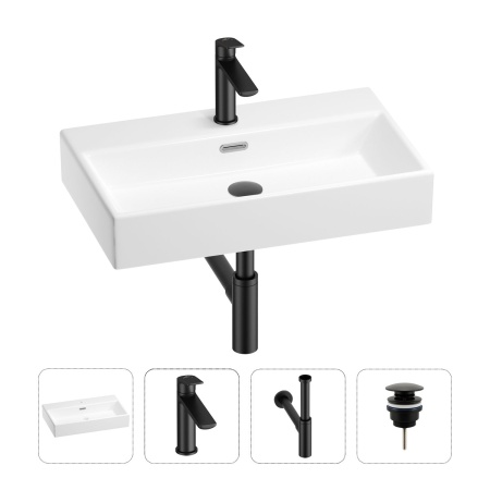 Раковина для ванной Wellsee Graceful Pro 201002982 в наборе 4 в 1: раковина белого глянцевого цвета, смеситель, сифон, донный клапан (цвет набора матовый черный)