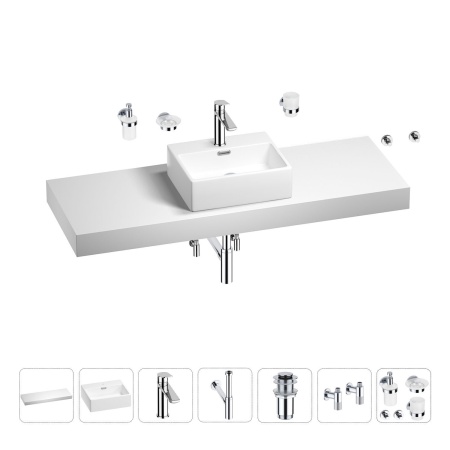 Раковина 43 см со столешницей 140 см Wellsee Graceful Pro 201012371 в наборе 10 в 1: столешница, раковина, смеситель, сифон, донный клапан, угловые вентили, аксессуары (цвет хром)