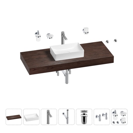 Раковина 42 см со столешницей 120 см Wellsee Pure BY Wellsee 201010936 в наборе 10 в 1: столешница, раковина, высокий смеситель, сифон, выпуск, кран-вентили, аксессуары (цвет хром)