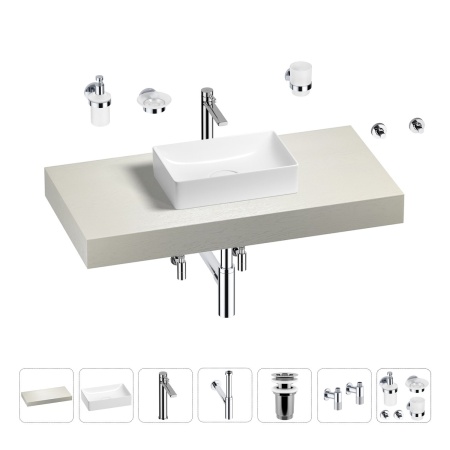 Раковина 42 см со столешницей 100 см Wellsee Pure BY Wellsee 201010801 в наборе 10 в 1: столешница, раковина, высокий смеситель, сифон, выпуск, кран-вентили, аксессуары (цвет хром)